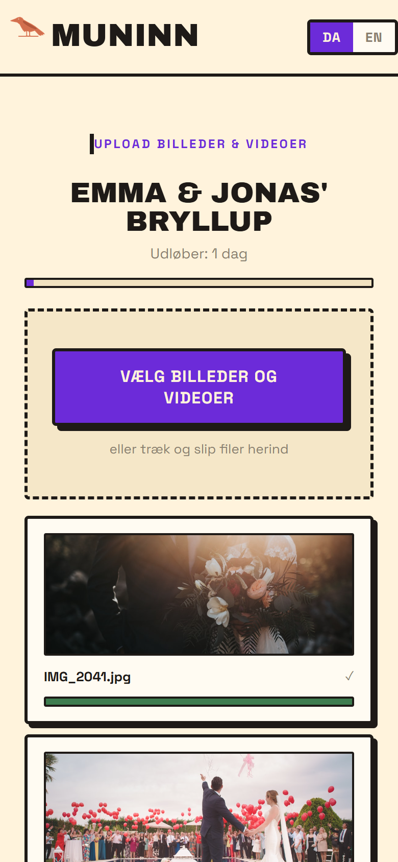 Mockup: Gæsten vælger billeder og videoer til upload direkte i browseren